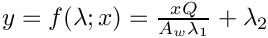 $y=f(\lambda;x)=\frac{x Q}{A_w \lambda_1}+\lambda_2$