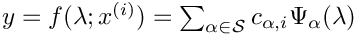 $y=f(\lambda;x^{(i)})=\sum_{\alpha\in{\cal S}} c_{\alpha,i} \Psi_\alpha(\lambda)$