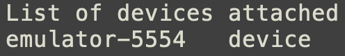adb devices output showing an Android emulator serial