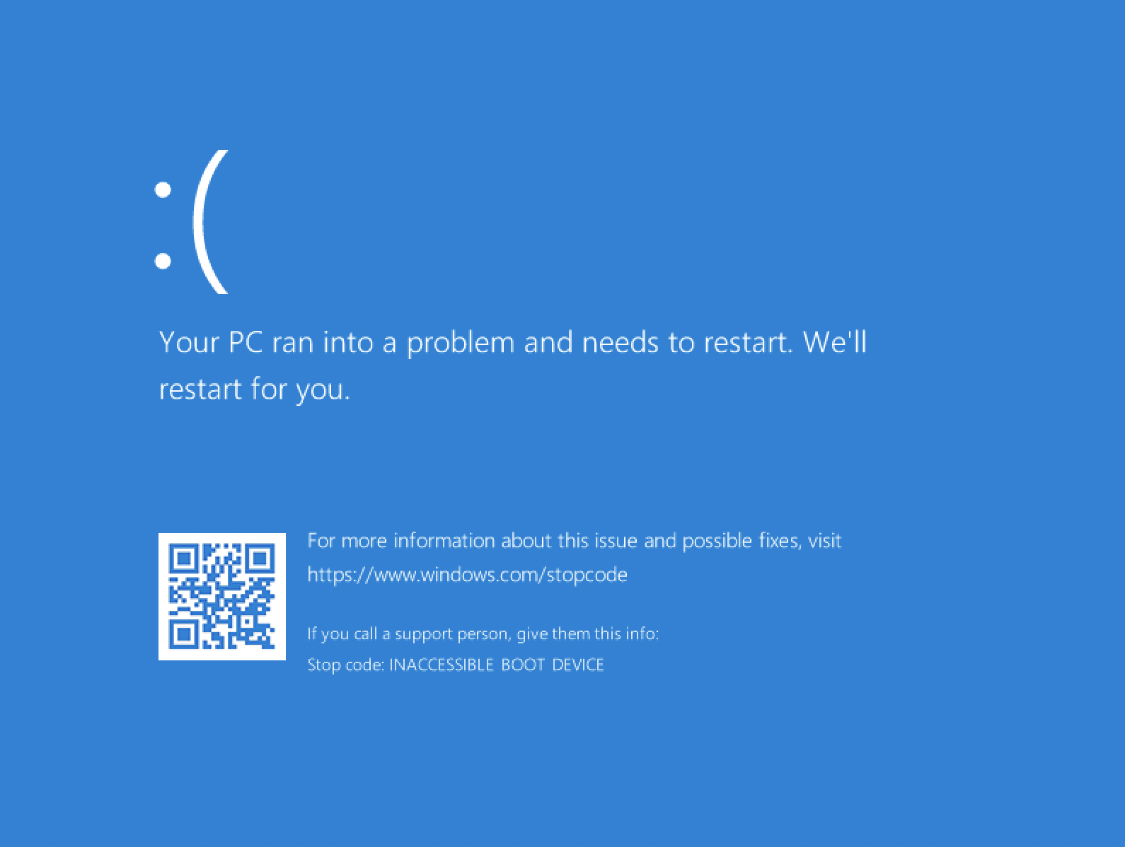 Windows BSoD "INACCESSIBLE BOOT DEVICE" screenshot