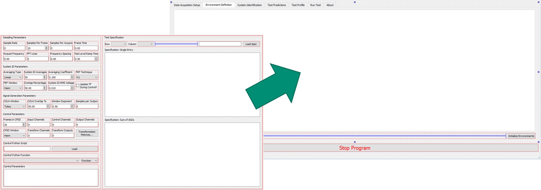 Graphical representation of adding a GUI element defining the MIMO Random Vibration environment into the main controller GUI.