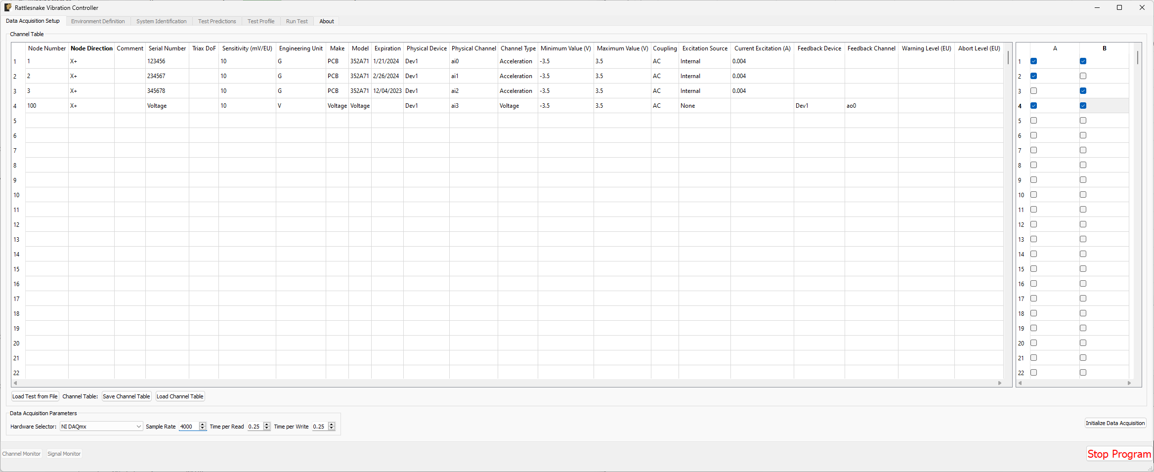Example of a completed Data Acquisition Setup tab with three response channels and one output channel.