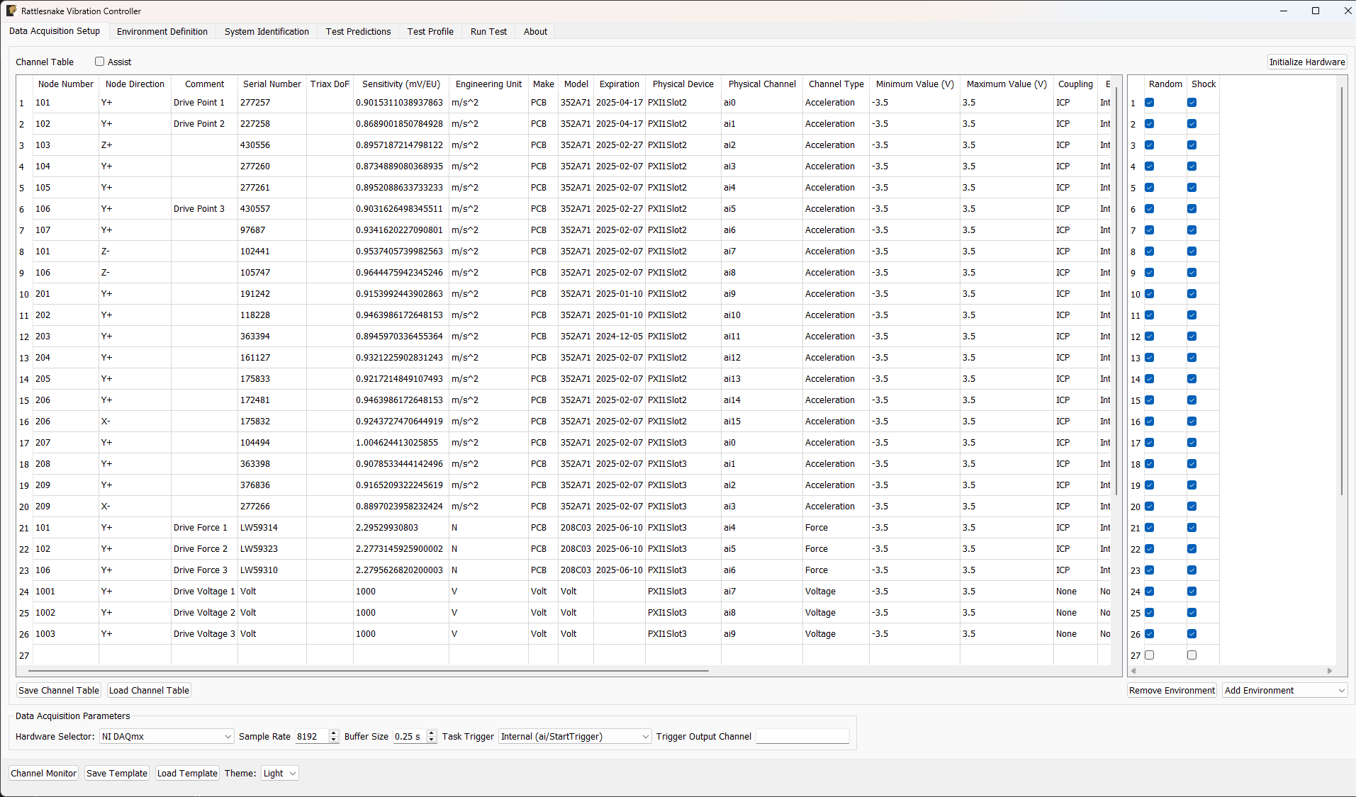 Example of a completed Data Acquisition Setup tab with three response channels and one output channel.