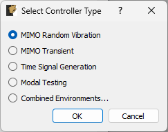 Initial Rattlesnake dialog to select the type of control that will be run.