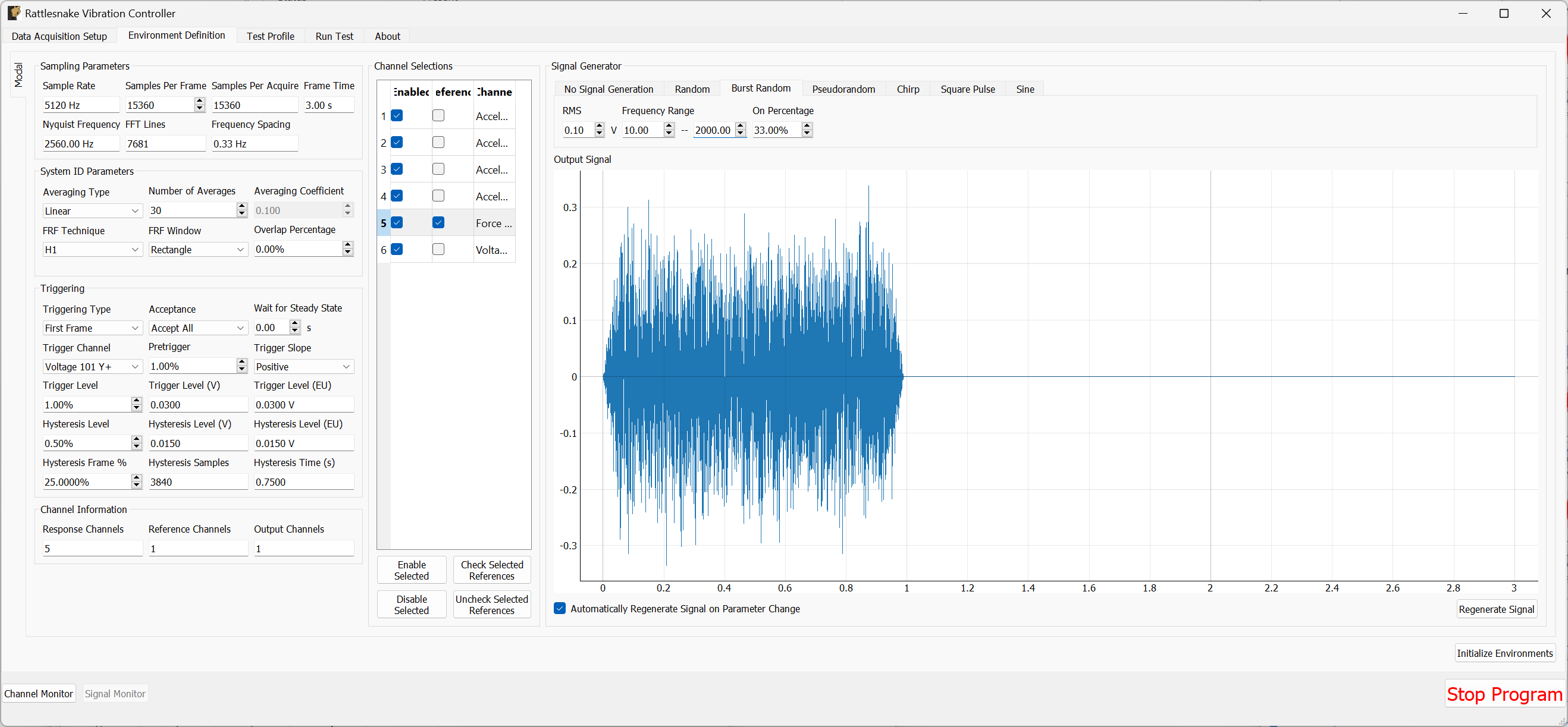 Test parameters for the Burst Random excitation
