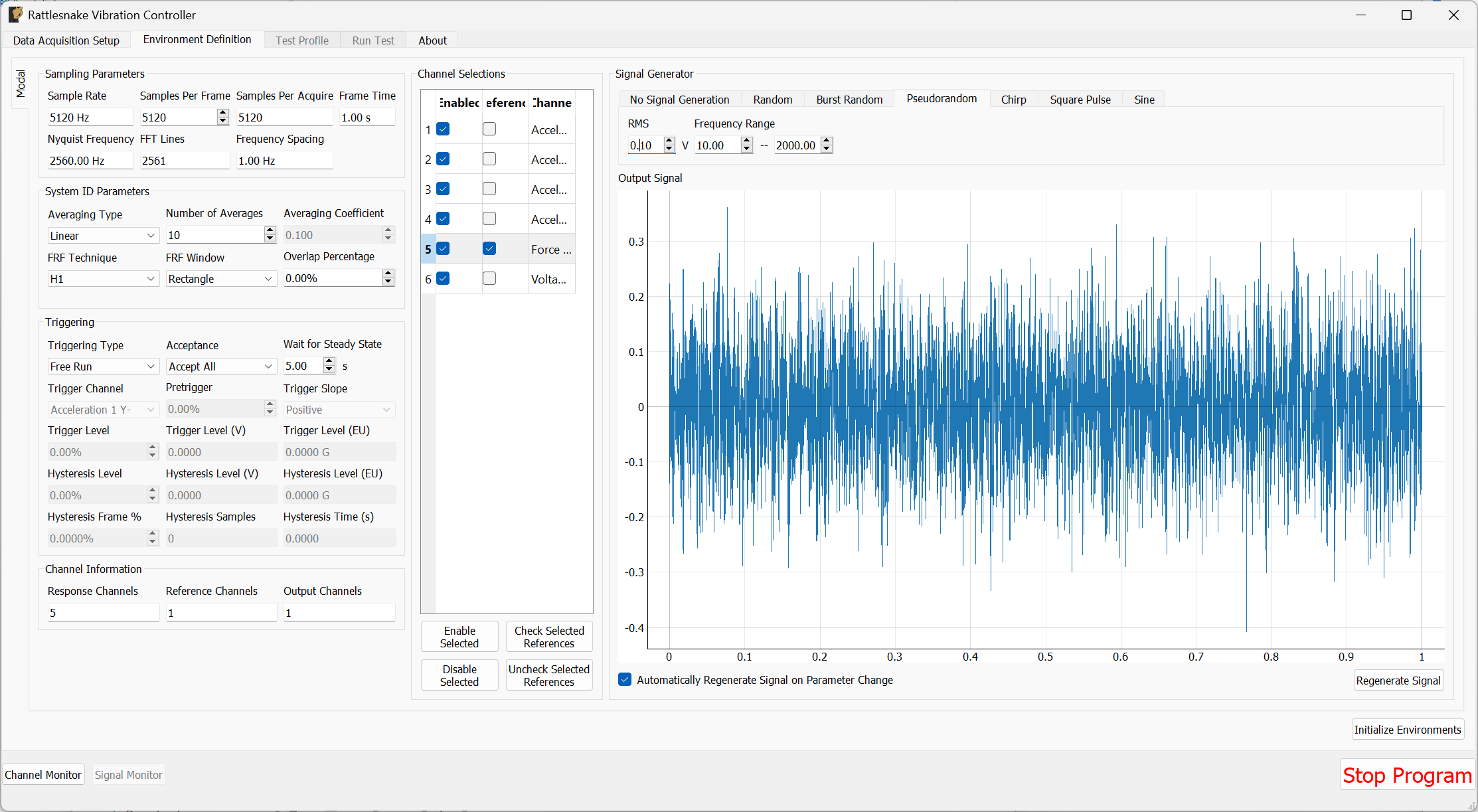 Parameters set for the Pseudorandom shaker excitation.
