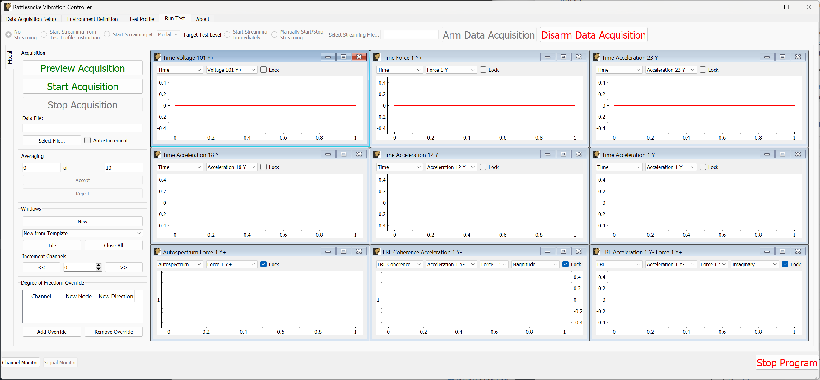 Shaker testing with data acquisition armed and data visualization windows created.
