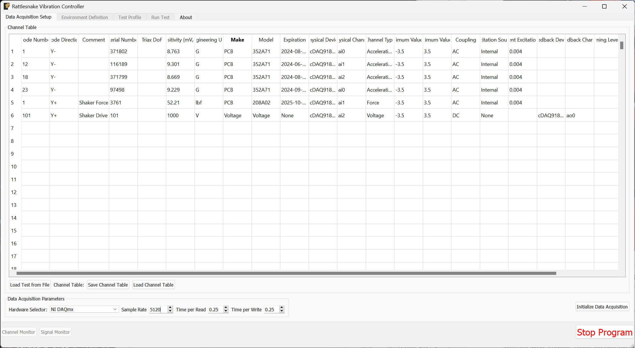 Data acquisition settings for the Modal Shaker Test