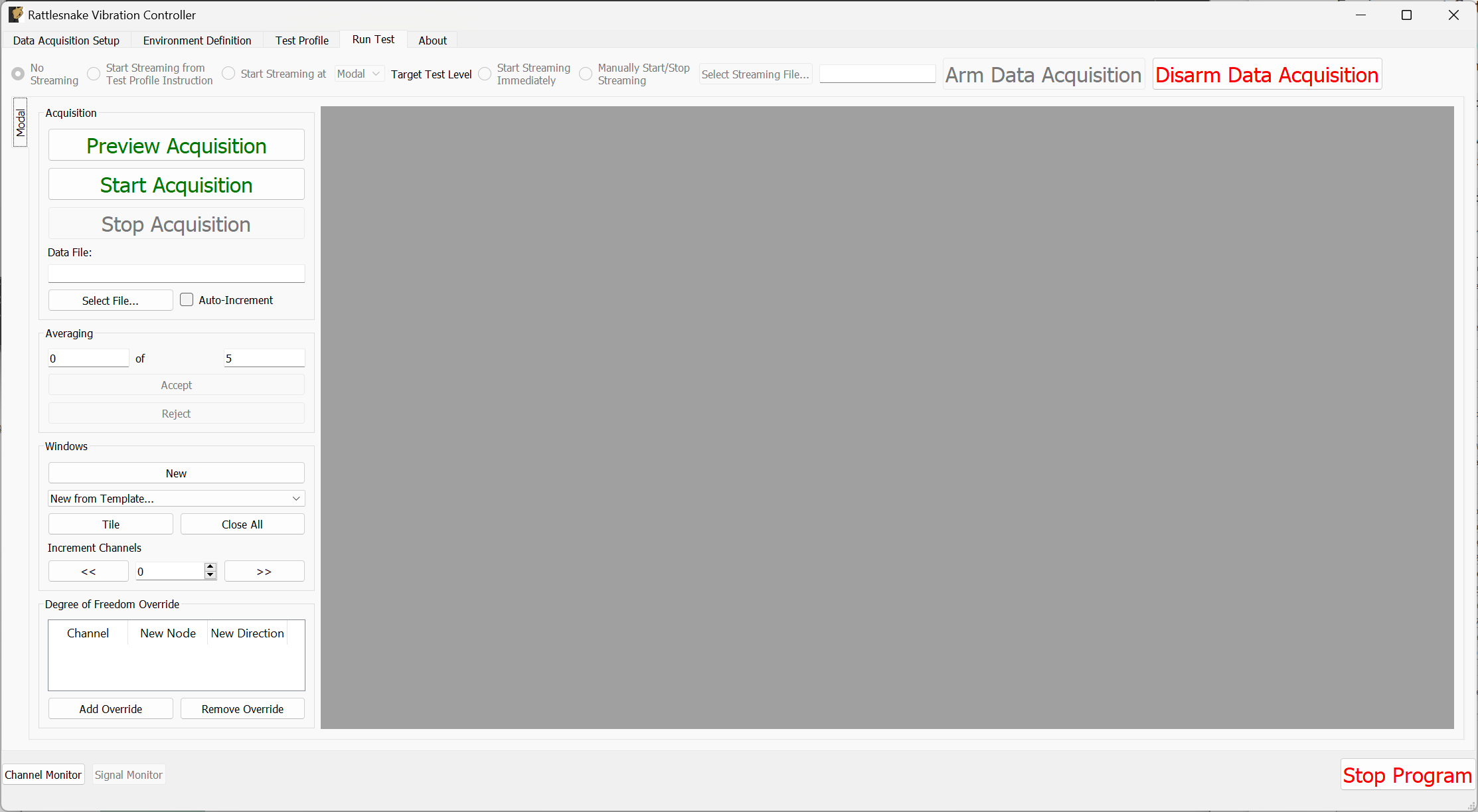 Run Test tab with data acquisition armed