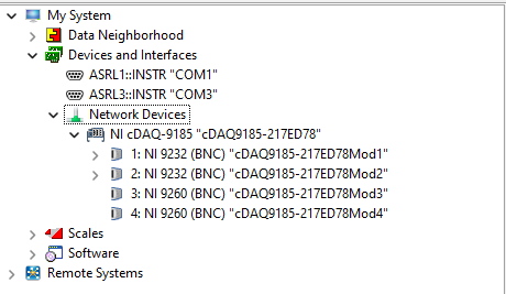 NI MAX dialog showing the cDAQ devices.