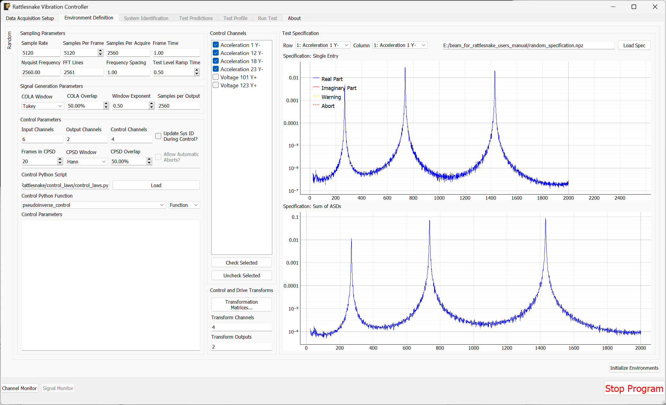 Random vibration parameters specified in the Rattlesnake GUI.