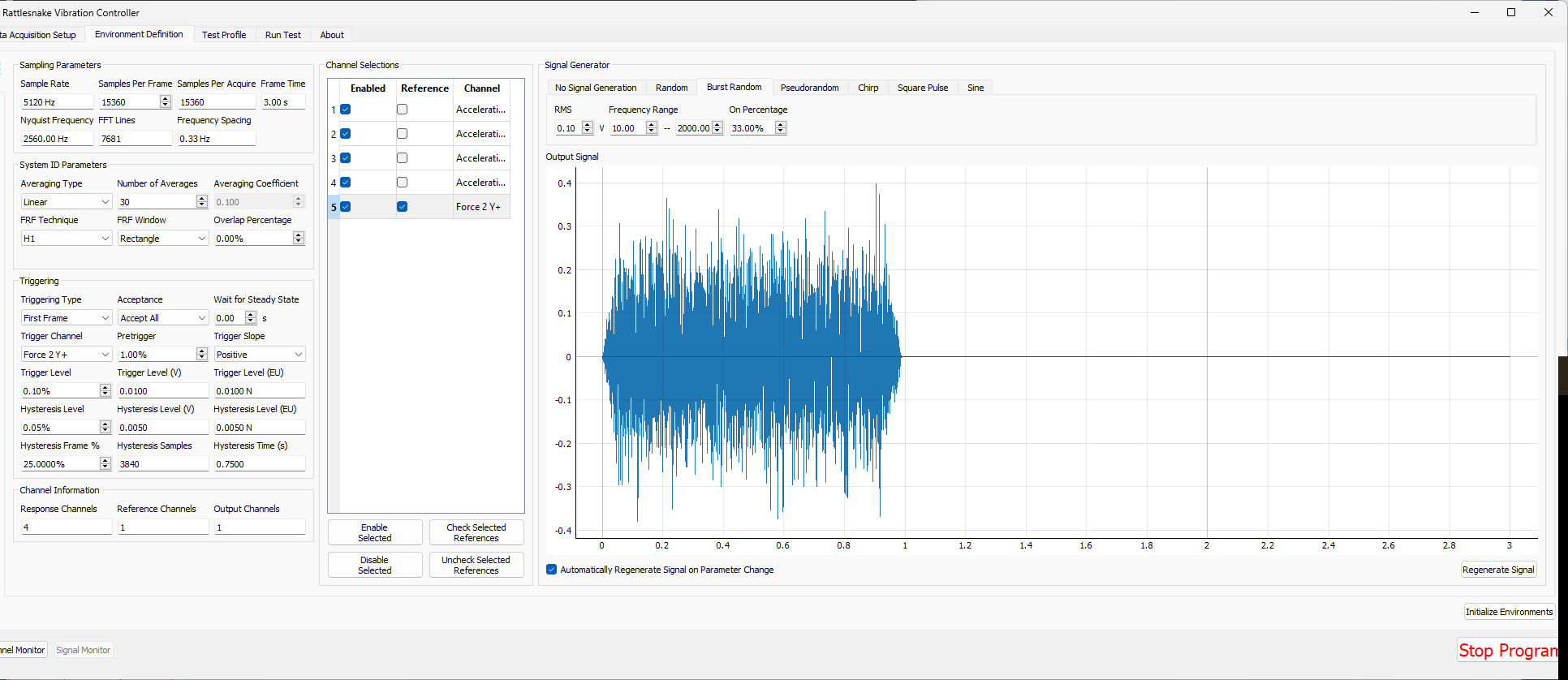 Test parameters for the Burst Random excitation