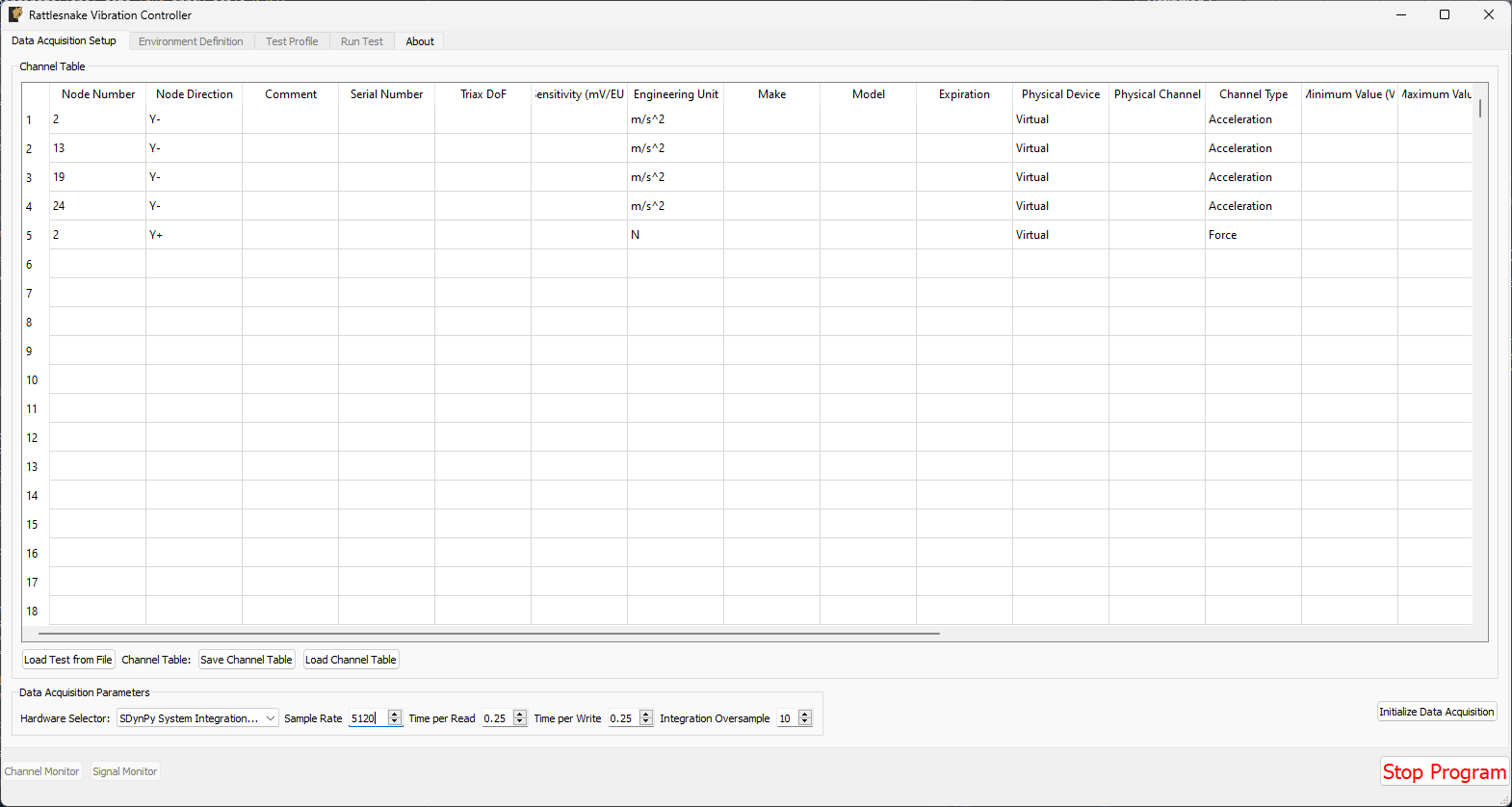 Data Acquisition Settings used to perform the Synthetic SDynPy Modal Test.