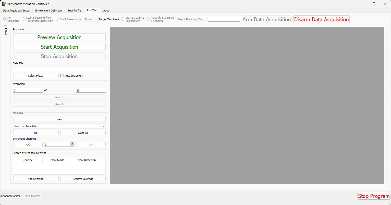 Run Test tab with data acquisition armed