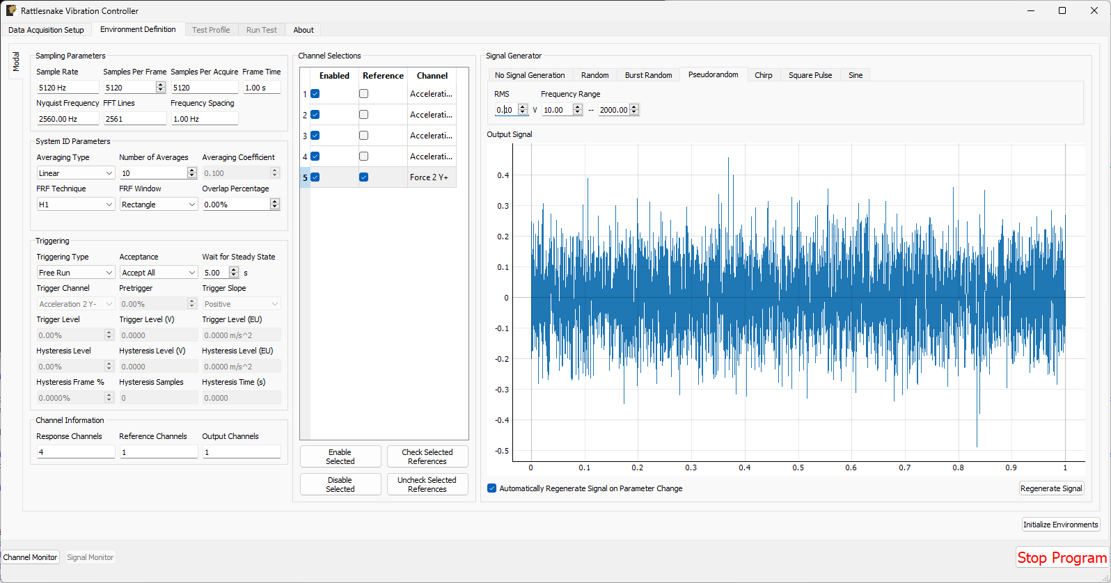 Parameters set for the Pseudorandom shaker excitation.