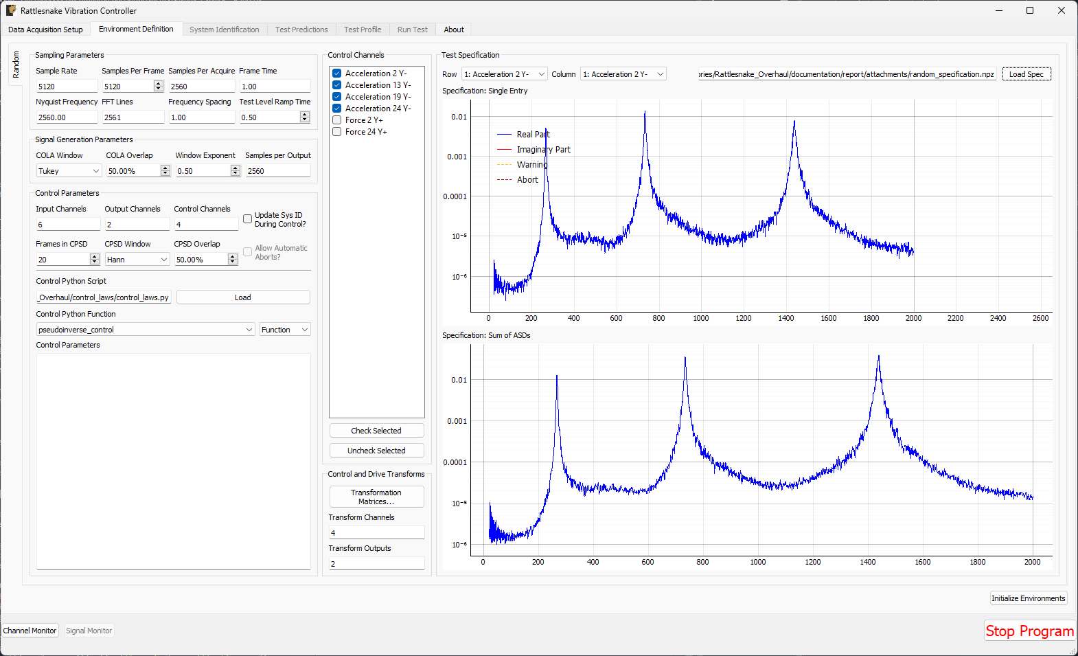 Random vibration parameters specified in the Rattlesnake GUI.