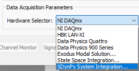 Selecting SDynPy System Integration... as the hardware device used in the test.