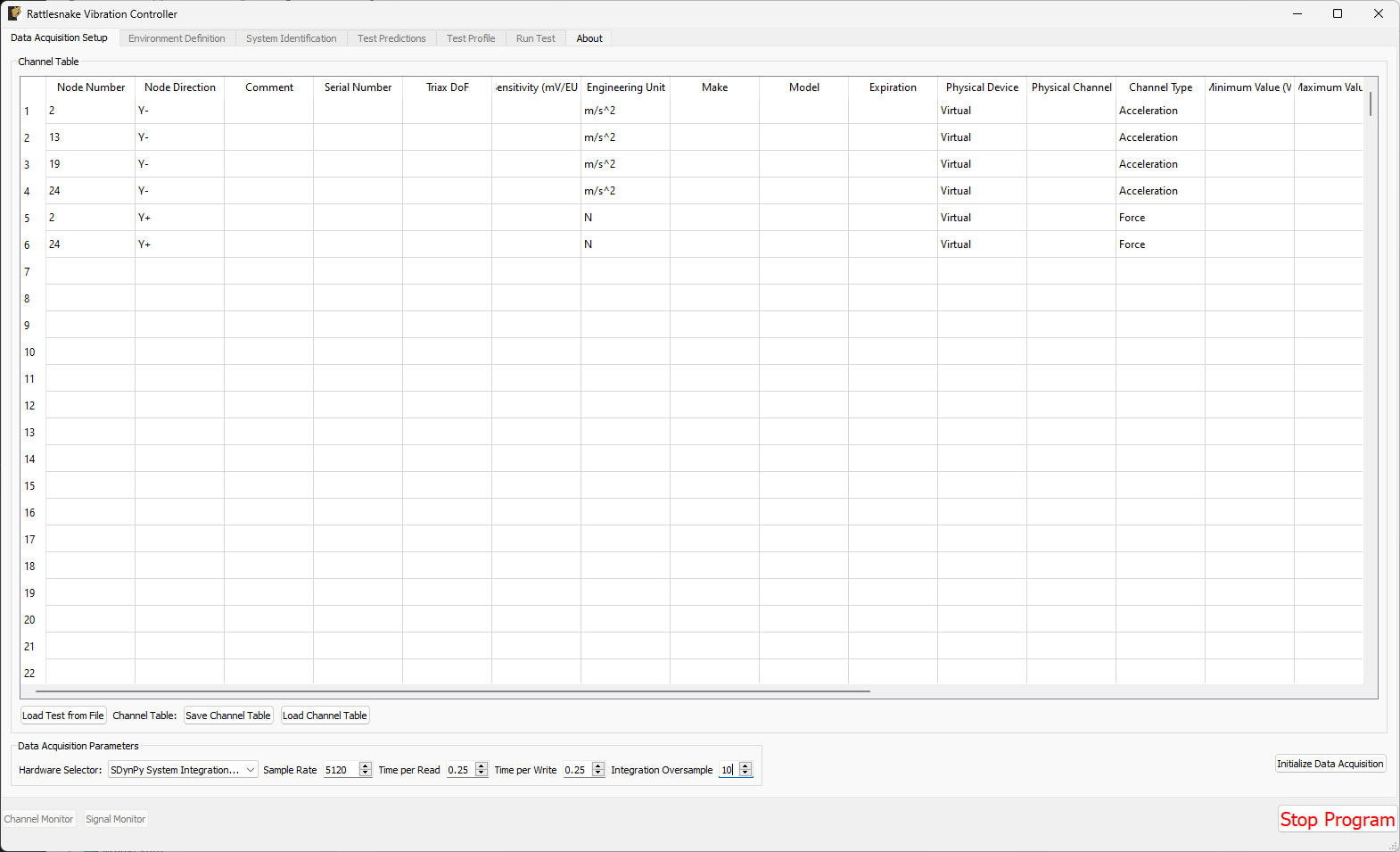 Data acquisition setup for the vibration tests.