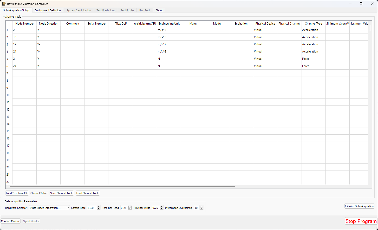 Data acquisition setup for the State Space example problem.