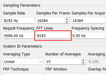 FFT Lines The number of frequency lines in the Fast Fourier Transform output, which is the number of frequency lines that will be in the Transfer Function and CPSD matrices.