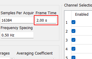 Frame Time Time to acquire each measurement frame in seconds. This is the Samples per Frame divided by the Sample Rate.
