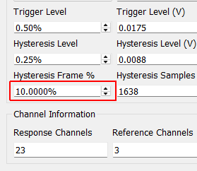 Hysteresis Frame % Percentage of the measurement frame that the signal must be below the Hysteresis value in order to accept a new trigger. Useful for Burst Random excitation where you don’t want to accidentally trigger midway through the burst.