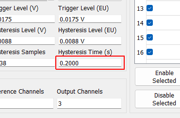 Hysteresis Time (s) Amount of time that the trigger channel must be below the Hysteresis level. This property is read only and is displayed for the user’s convenience.