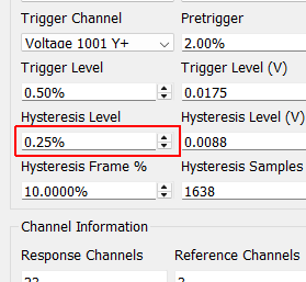 Hysteresis Level Level that the signal must return to prior to a new trigger being able to be accepted. This ensures that the system must return to some nominal state prior to a new trigger being obtained. Specified in percentage of the range of the channel.