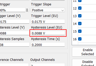 Hysteresis Level (EU) Level that the trigger channel must fall below to achieve a subsequent trigger in Engineering Units. This property is read only and displayed for the user’s convenience.