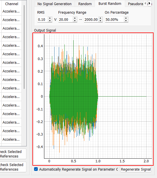 Output Signal Realization of the signals that will be generated. Note that for random signals, the actual signal may vary slightly from this representation, as the generation of those signals is random.