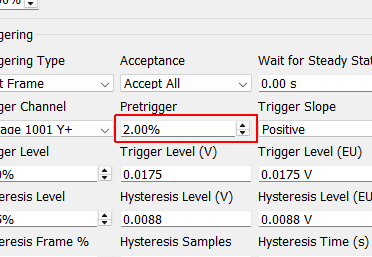 Pretrigger Amount of time in the measurement frame before the trigger occurs. The system retains a running buffer of recently acquired data looking for the trigger. When the trigger is found, the specified percentage of the frame is data that occured before the trigger. This is used to capture, for example, the entire transient of a shock, some of which may occur before the trigger depending on the trigger level.