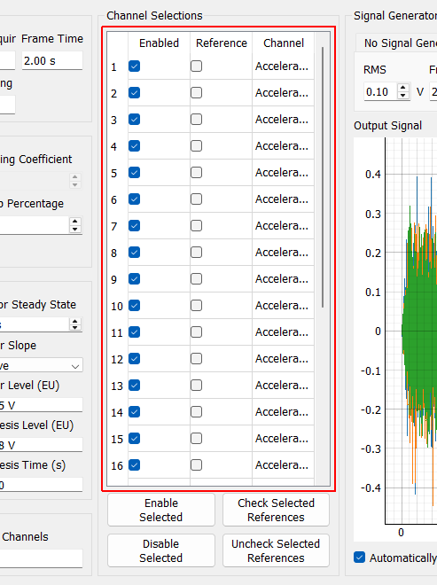 Channel Selection Table By checking the box in the Reference column, a channel can be made into a reference channel rather than a response channel. Unchecking the box in the Enabled column with disable the channel. Disabling an excitation channel will disable that excitation device. Disabling a reference will remove that reference from the FRF computation.