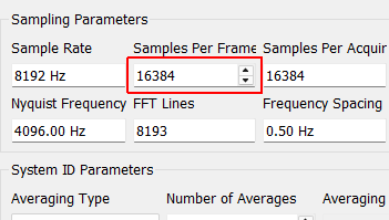 Samples per Frame Samples per measurement frame in the controller. The measurement frame is the “block” of data upon which the signal processing will be performed. This value will determine the window size. A larger value will result in more frequency lines in the FFT analysis. This need not correspond to the read or write size in the data acquisition system.