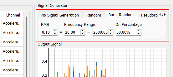 Signal Generation Tabs Switching tabs will change the type of excitation signal that will be output.