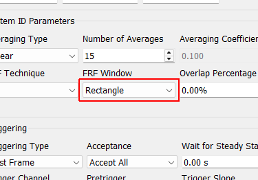 FRF Window The window function applied to the measurement frames when computing the transfer functions. Rectangle: No window is used, all samples are weighted equally. Used for periodic signals or signals that start and end at zero in the measurement frame. Hann: Window that weights the start and end of the frame to zero and the middle to one. Useful for Random excitation to reduce leakage. Exponential: Window that weights the beginning of the frame more heavily than the end of the frame. Useful for impact testing where the test article’s response doesn’t decay by itself by the end of the measurement frame.