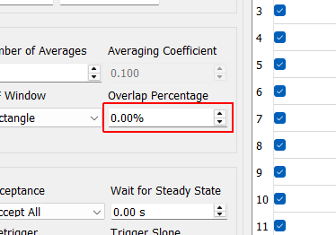Overlap Percentage The percentage overlap used between measurement frames. A 25% overlap means the last quarter of the previous measurement frame is used as the first quarter of the new measurement frame.