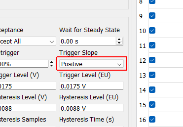 Trigger Slope Slope of the trigger. If the slope is Positive, it will look for a rising signal to trigger the measurement. If the trigger slope is Negative, it will look for a falling signal to trigger the measurement.