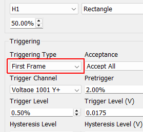 Triggering Type Type of trigger used for the analysis. Free Run: No triggering is used. First Frame: Triggering only starts the first measurement frame and then the measurement proceeds as if it were a Free Run. Every Frame: The measurement waits for a trigger for every measurement frame.