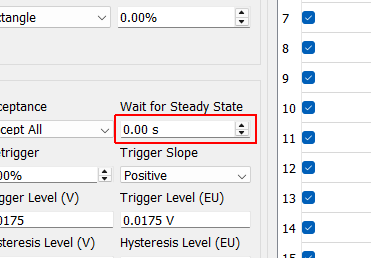 Wait for Steady State Amount of time to wait for the measurement to achieve a steady state response prior to performing signal processing operations.