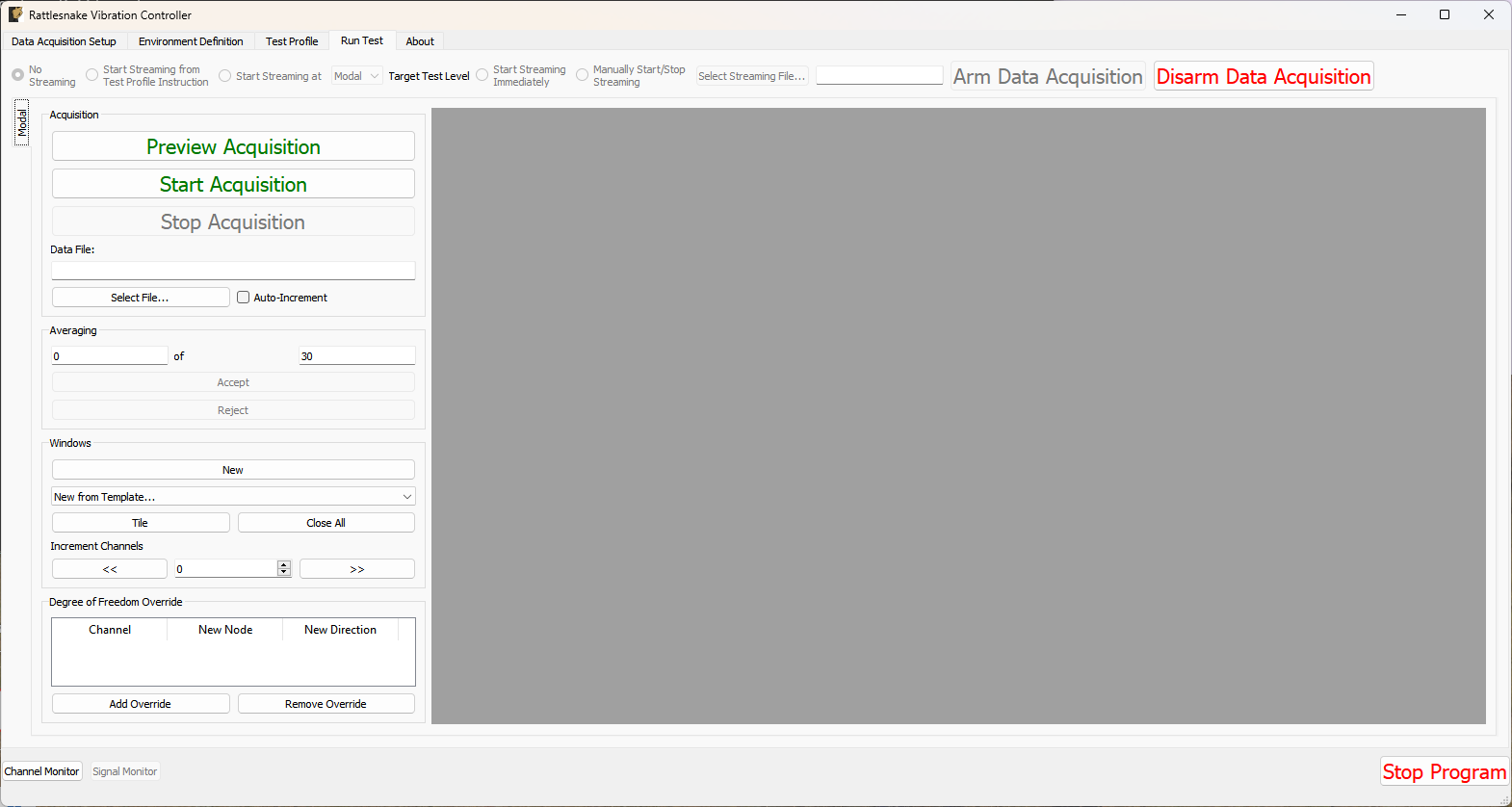 Empty GUI to run a modal test in Rattlesnake.