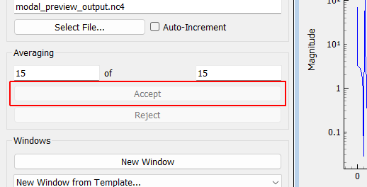 Accept Manually accept the current measurement frame.  This button will be disabled unless Manual acceptance is specified.