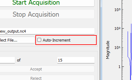 Auto-Increment Select this to automatically add a 4-digit number to the file name that will increment automatically.  This can be useful for roving hammer excitation where the user does not want to accidentally overwrite previous data.