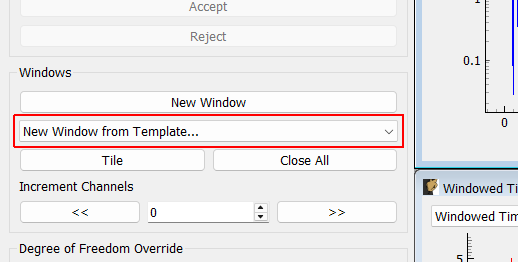 New Window from Template... Create a visualization window from a set of preset templates of commonly requested visualizations, such as drive point FRFs or reference autospectra.