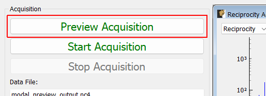 Preview Acquisition Starts the acquisition in Preview mode which will not save data to the disk nor will it stop automatically when the requested number of averages is reached.