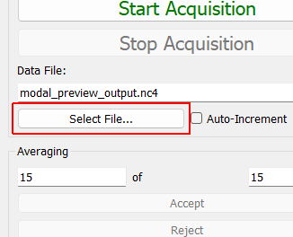 Select File... Opens a file dialog to allow the user to select a file to which data will be saved.  For large tests, it is not recommended to write data directly to a network drive, as relatively slow network speeds may cause the user interface to hang while the file is being written.
