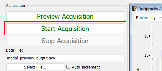 Start Acquisition Starts the acquisition and stores data to the disk.  Acquisition will stop automatically when the requested number of averages is reached.