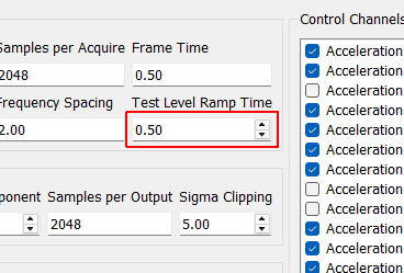 Test Level Ramp Time Time in seconds that the controller takes to change the test level. The test level is changed smoothly to prevent damaging the excitation hardware or part under test. Larger numbers will result in a more smooth transition between test levels, while smaller numbers will make the test level change more quickly.