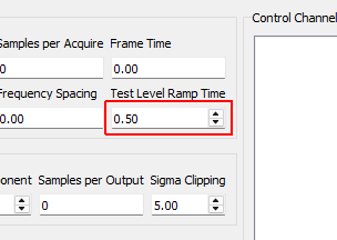 Test Level Ramp Time Time in seconds that the controller takes to change the test level. The test level is changed smoothly to prevent damaging the excitation hardware or part under test. Larger numbers will result in a more smooth transition between test levels, while smaller numbers will make the test level change more quickly.
