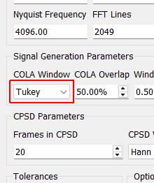 COLA Window Window function to use when performing the Constant Overlap and Add to combine time realizations into a continuous signal. A Hann window is limited to 50% overlap. Tukey windows can have variable overlap.