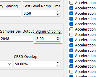 Sigma Clipping Number of standard deviations to include in the output signal. A value of 5 corresponds to effectively no clipping. A value of 3 is commonly used to reduce peak displacement. Setting this value too low will result in loss of dynamic range and non-gaussian output signals.
